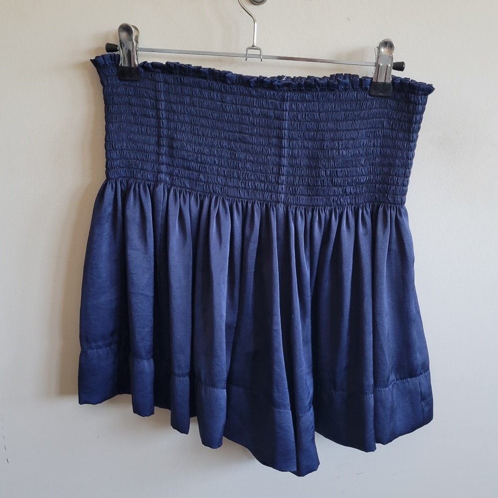 KOCH Erica Skirt Navy Blue Smocked Waist Satin Flared Mini Skirt Small USA Made - Picture 4 of 6